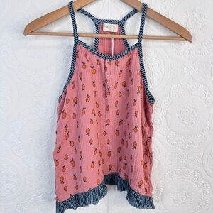 NWT Miki Miette Girls Gauze Top Size 14 Oranges Print Cotton Buttons Racer Back